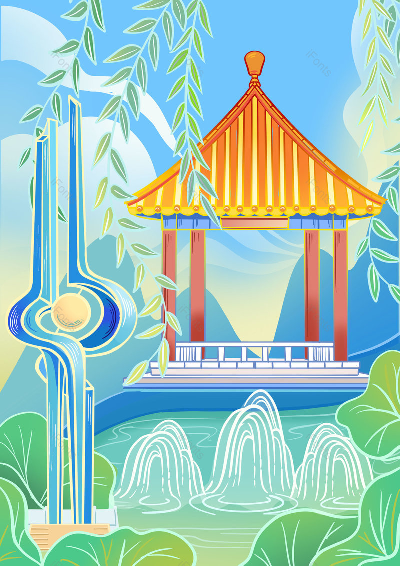 中国风国潮手绘凉亭建筑景点背景设计,插画/手绘图,插画/手绘图库,插画/手绘图下载,插画/手绘